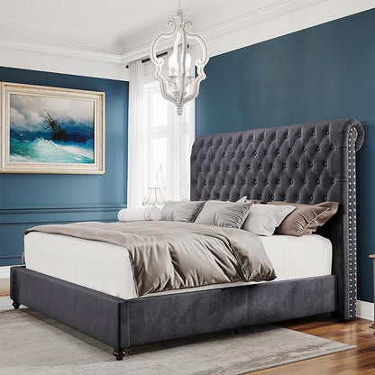 PaPaJet Bed Frame Queen Size Upholstered Platform Bed with 52.8'' Tall Sleigh Headboard, Button Tufted, No Box Spring Needed, Easy Assembly, Dark Grey