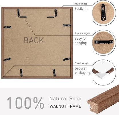 16x16 Picture Frame Set of 4 Natural Solid Walnut Photo Frames with 12x12 Removable Mat Wall Hanging Large Handcrafted Frame with HD Plexiglass Wall and Tabletop Display Large Poster Frame