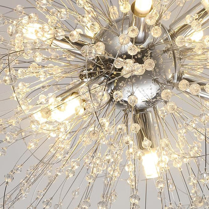 Sputnik Crystal Chandelier, Modern Beaded Ceiling Lamp with Chrome, Round Dandelion Pendant Light Fixtures for Living Room Bedroom Dining Room Farmhouse Kitchen Island (Chrome 9Lights)