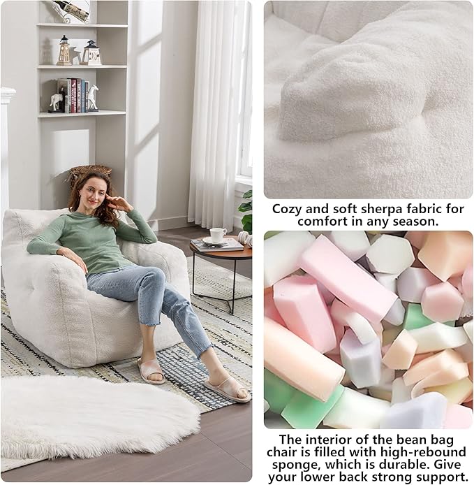Recaceik Bean Bag Chairs, Tufted Soft Stuffed with Filler, Fluffy and Lazy Sofa, Imperial Lounger Giant Chair for Bedroom, Living Room, White