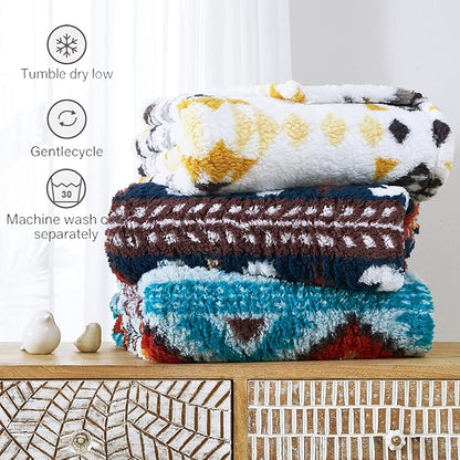 CASAAGUSTO Boho Sherpa Throw Blanket, Aztec Throw, Ultra Soft, Warm, Cozy, Plush, Thick Fleece Bohemian Throw Blanket for Couch, Bed, Sofa (Navy Blue 50 * 60 Inch)