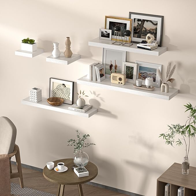 Floating Shelves for Wall, 24" W x 6.7" D x 1.5" H, Wooden Wall Mounted Display Shelves with Invisible Brackets for Living Room, Bedroom, Bathroom, Kitchen Decor and Storage, Set of 2, White