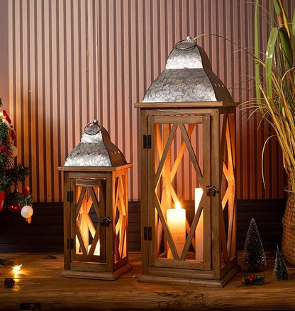 Large Farmhouse Wooden Metal Lantern Set of 2, Rustic Decorative Floor Candle Lanterns, Indoor/Outdoor Hanging Lanterns for Home Decor (No Glass)