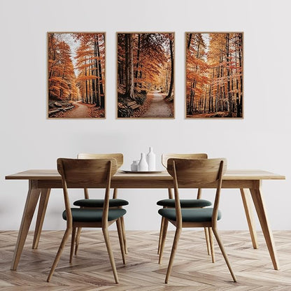 HLNIUC Autumn Forest Framed Canvas Wall Art,Fall Nature Pictures Wall Decor Set of 3(16”x24”) Large Maple Trees Trail Scenery Wall Painting,Modern Fall Landscape Art Print for Living Room,Bedroom