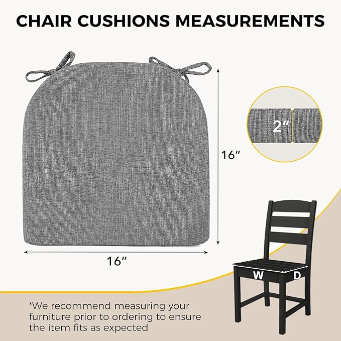 downluxe Indoor Chair Cushions for Dining Chairs, Soft and Comfortable Textured Foam Kitchen Chair Pads with Ties and Non-Slip Backing, 16" x 16" x 2", Dark Grey, 4 Pack