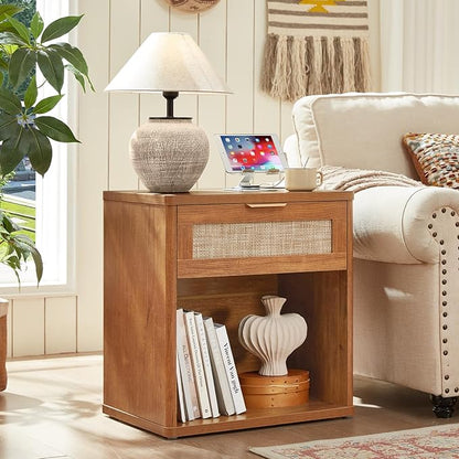 LEYAOYAO Boho Rattan Coffee Table Sets 3 Pieces, Nightstand with Charging Station and Coffee Table with Hidden Storage Compartment, Brown Living Room Table Set, Wood Furniture Sets for Home Office