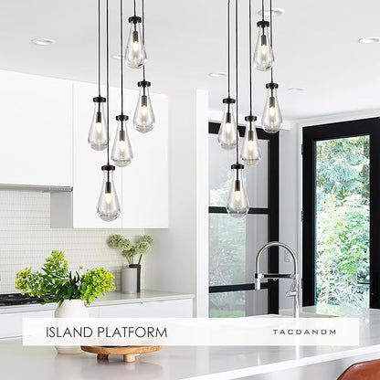 5-Light Raindrop Pendant Light Fixtures, Black Glass Pendant Lighting, Teardrops Modern Hanging Light for Entryway Foyer Kitchen Island Dining Living Room Hallway