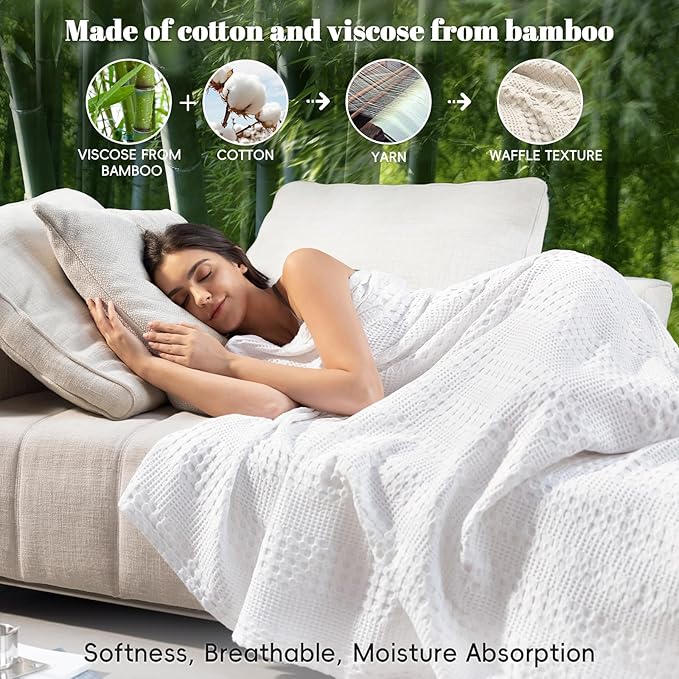 PHF Cooling Waffle Blanket King Size, Lightweight 60% Rayon Derived from Bamboo & 40& Cotton Breathable Blanket for Hot Sleepers, Soft and Luxury for Bed Couch and Sofa, 104"x90", White