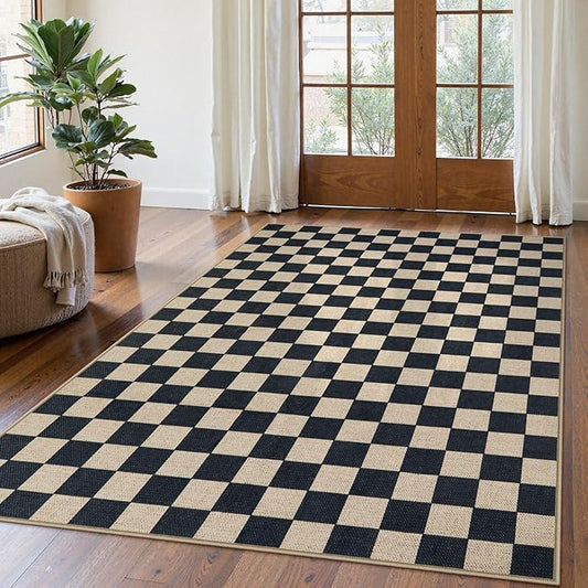 Lahome Checkered Easy Jute Outdoor Rug, 5x7 Farmhouse Rugs for Living Dining Room, Washable Non Slip Non Shedding Floor Carpet for Sunroom Mudroom Backyard Deck