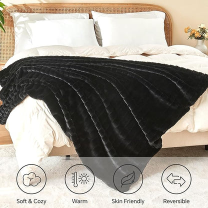 BEDELITE Faux Fur Throw Blanket for Couch, Soft and Cozy 3D Ribbed Fluffy Blanket, Thick Warm Plush Fuzzy Faux Rabbit Fur Blanket for Women Gift (Black, 60"x 80")
