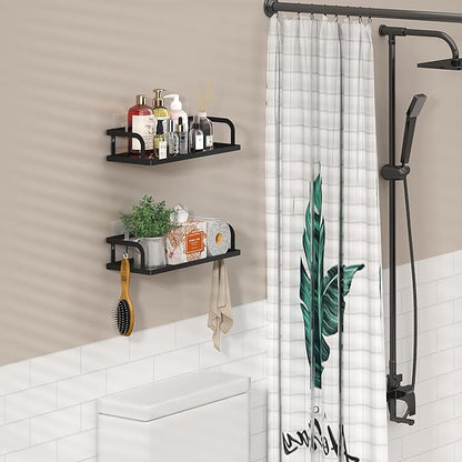 PUSDON Hanging Storage Baskets Organizer Wall Mount, Metal Wire Storage Bin Rack for Kitchen Bathroom Shower Spice Shelf Home Decor Essentials Black-2 Packs (Hollowout)