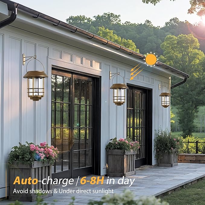Otdair Solar Wall Lantern Outdoor, Flickering Flames Solar Sconce Lights Outdoor, Hanging Lamps Wall Mount for Front Porch, Patio and Yard, 2 Pack, Yellow Bronze