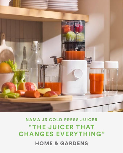Nama J3 Compact Cold Press Juicer – Space Saving & Self Feeding for Hands-Free Operation – Lightweight, Portable Zero Waste Slow Masticating Juicer – Easy Cleanup & Assembly - White