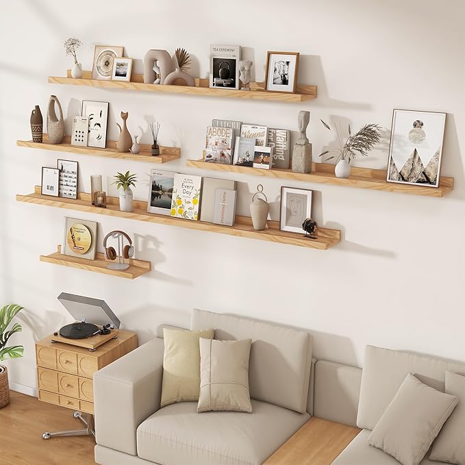 Floating Picture Ledge Shelves 36 Inch Solid Oak Wood Set of 2, Rustic Wall Storage Shelves with Lip, Kids Bookshelf, Photo & Picture Ledge Shelves for Bedroom, Living Room, Kitchen