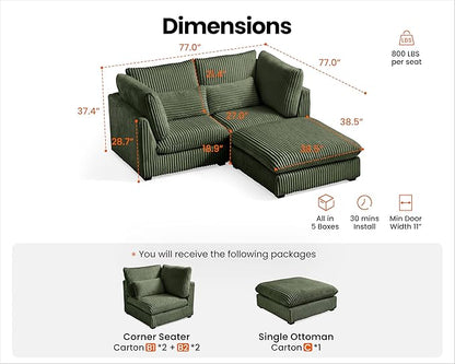 Oversized Modular Sofa, Extra Deep Cloud Corduroy Sectional Couch with Ottoman Chaise, Fluffy Chenille Loveseat L Sofa for Living Room, Villa (Loveseat+Ottoman, Corduroy Green)