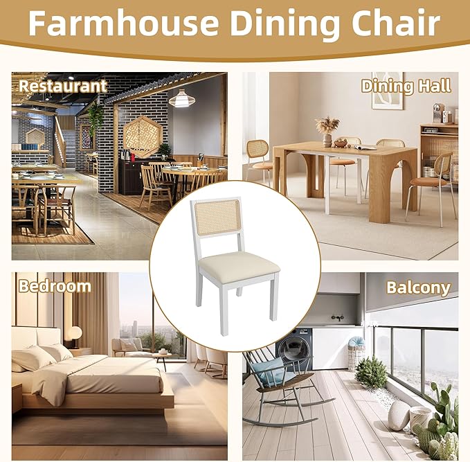Westice Rattan Dining Chairs Set of 2, Farmhouse Natural Dining Room Chairs with Upholstered Cushion, Wood Armless Chairs for Kitchen/Restaurant, White