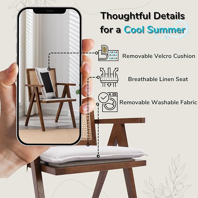 Rattan Dining Chairs Set of 4, Farmhouse Wicker Dining Chairs with Removable Linen Cushion Accent Cane Armchair for Dining Room Kitchen Restaurant, Walnut