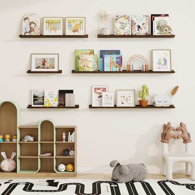 Picture Ledge Shelf, Solid Pine Wood Floating Shelves Set of 2, 40 Inches Nursery Book Shelves for Toys Storage, Kids Bookshelf Wall Mounted for Living Room Bedroom Decor Books Photo Frames, Walnut