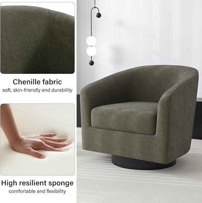 Swivel Barrel Accent Chair, Modern Round Chenille Fabric Arm Chair for Living Room, Bedroom, Comfy Club Reading Chairs for Adults（Chenille Fabric, Tan, Set of 2