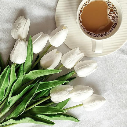 20pcs White Artificial Tulip Fake Flower 12.9 Inch Spring Mother's Day Easter Gift for Home Kitchen Wedding Decoration