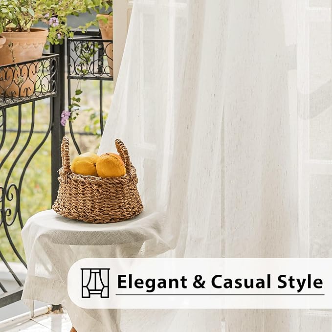 FMFUNCTEX Linen Sheer Curtains for Bedroom, Beige Curtains 63 inch Length for Living Room, Natural Flax Blend Window Draperies for Farmhouse Curtain, Rod Pocket 2 Panels