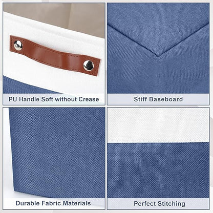 Large Fabric Storage Baskets | 50L Storage Bins, Decorative Linen Closet Baskets with Handles for Organizing, Shelf, Toys, Clothes, Home, Office, Nursery, 17x12x15Inches (Navyblue&White)