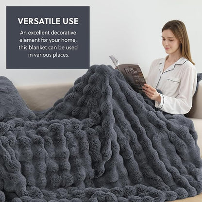 Cozy Faux Fur Throw Blanket for Couch Warm Fuzzy Throw Blanket, Soft Plush Thick Bubble Blankets for Bedroom and Living Room, Furry Luxury Blanket, 50 x 60, Grey