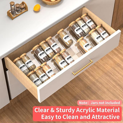 4-Tier Non-Slip Spice Drawer Organizer, 4-Pack Checkered Frosted Clear Acrylic, Expandable (11''-22'') Spice Rack for Kitchen Drawer Storage – Holds Seasonings, Herbs, and Spices (Jars Not Included)