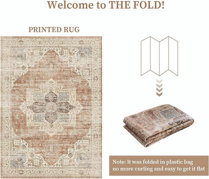 5'x7' Area Rug - Vintage Persian Medallion Design Low-Pile Faux Wool Rug, Non-Slip Backing, Machine Washable, for Living Room, Dining Room, Bedroom (Brick Red)