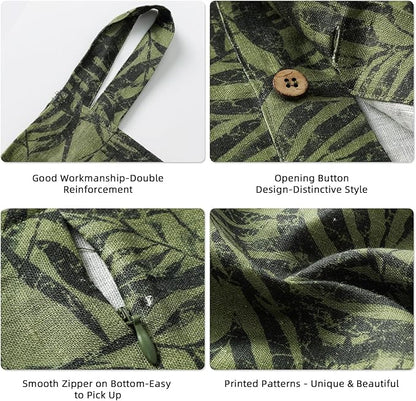 Linen Hanging Laundry Bag, 100% Linen Leaf Print Over The Door Laundry Hamper with Buttons and Zipper, Space Saving Door Hampers for Laundry Dirty Clothes Home Travel, Green, 19.7x27.5inches