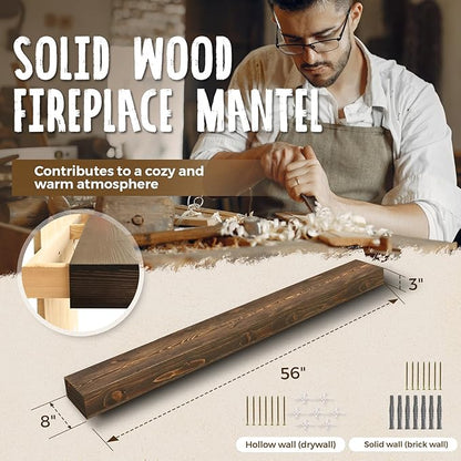 56x8x3 Fireplace Mantel - Handcrafted Hollow Rustic Solid Wood Wall Mounted Floating Shelf with Invisible Heavy Duty Wood Bracket (Weathered Brown)