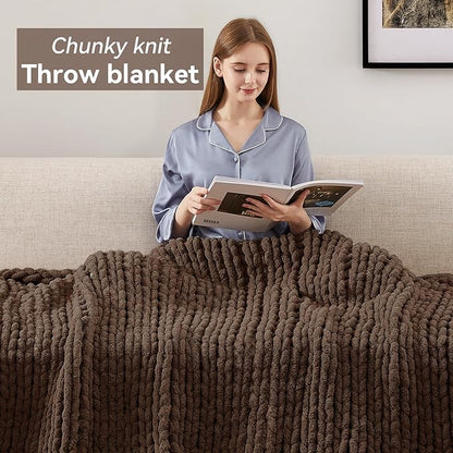 Chunky Knit Throw Blanket, 30''*40'' Knitted Throw Chenille Yarn for Bed Couch, Handmade Dark Brown Crochet Big Thick Blanket, Machine Washable Cute Comfy Blanket for Home Decor