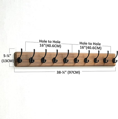 Dseap Wall Mounted Coat Rack: 38-1/4" Long, Patented, Heavy-Duty, 10-Double-Hooks Wooden Hanger Rail for Winter Coats, Hats, Jackets, Clothing - Natural & Black, Pack of 2