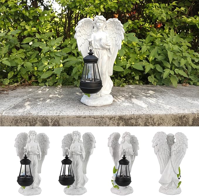 Solar Angel Garden Statue, Angel Figurine Outdoor Decor with Warm White Solar Lantern Garden Angel Figurine Outdoor Statue Waterproof Angel Sculpture Lawn Yard Art Patio Ornament Housewarming Gift