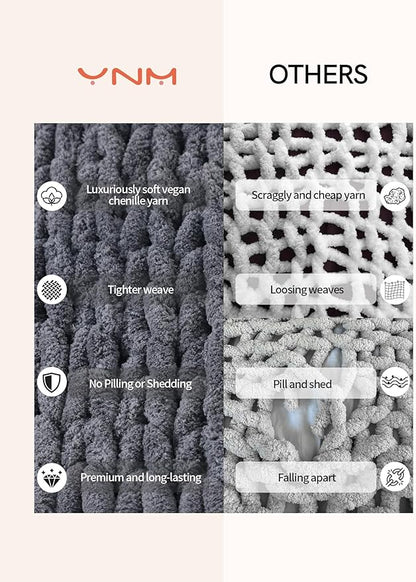 YnM Chunky Throw Blanket, Medium-Weight, Hand Knitted with Chenille Yarn, Skin Friendly, Ventilated and Breathable, Machine Washable, Home Décor Piece for Couch, Sofa and Bed (Lava Grey, 60x80 Inch)