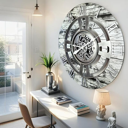 The Gears Clock 24'' Inch Real Moving Gear Wall Clock England Line (Grey & White, 24 inches (60 cm))