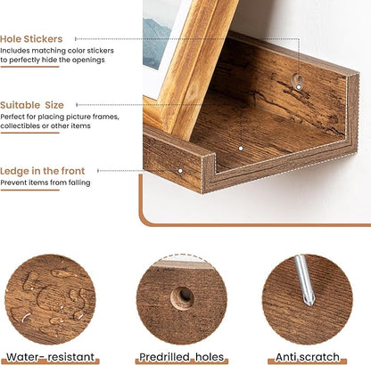 Fun Memories Picture Ledge Shelves Set of 2, 55 Inch Rustic Wall Mounted Floating Shelves with Lip for Home Storage and Décor in Bathroom, Kitchen, Nursery, Bedroom, Living Room, Brown