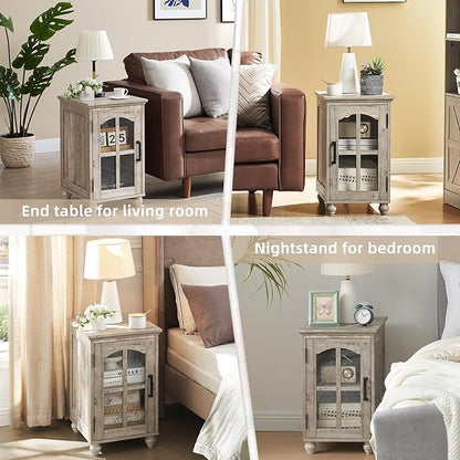Narrow Side Table Set of 2,Farmhouse Nightstand with Charging Station,End Table with Glass Barn Door Storage, Cabinet Organizer with Adjustable Shelf, Night Stand for Small Spaces Living Room Bedroom