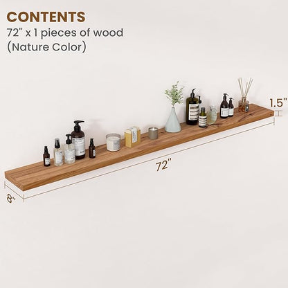 Floating Shelves for Wall Decor, 8" Deep Rustic Solid Elm Wood Floating Shelves Wall Mounted, Wall Shelves with Invisible Bracket for Living Room Bathroom Bedroom Kitchen, 72 Inch Set of 1, Natural