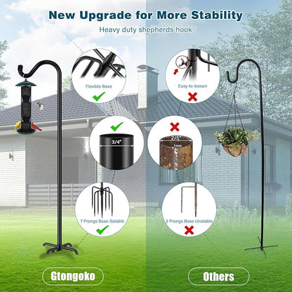 Gtongoko Shepherds Hook for Outdoor, 76 Inch Bird Feeder Pole with 7 Prongs Base, 3/4 Inch Thick Heavy Duty Adjustable Garden Hook for Hanging Plant, Hummingbird Feeder, Lantern, 2 Pack