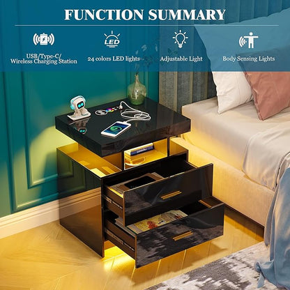 Night Stand with Light, High Gloss Nightstand with USB/Wireless Charging Station, LED Black Nightstands with Storage Drawers, RGB Side End Table for Bedroom Furniture（Black）