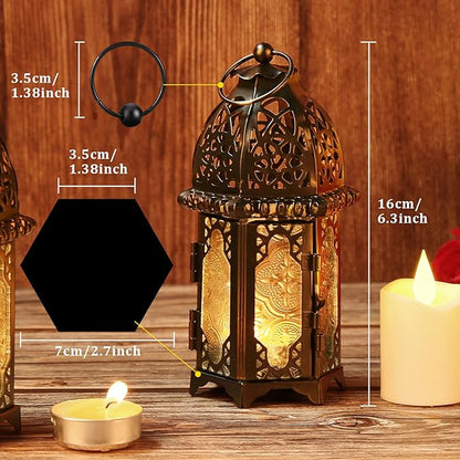 Metal Candle Holder 4PCS Transparent Glass Moroccan Style Hanging Lanterns Creative Wedding Home Tabletop Decoration Birdcage, Black