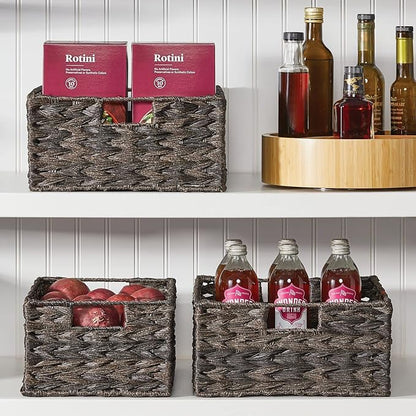 mDesign Woven Farmhouse Kitchen Pantry Food Storage Organizer Basket Bin Box, Container Organization for Cabinets, Cupboards, Shelves, Counter - Store Potatoes, Onions, Fruit, 3 Pack, Espresso Brown