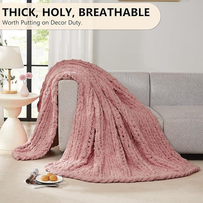 L'AGRATY Chunky Knit Blanket Throw - Soft Chunky Throw Blanket 60x80: 100% Hand Kintted Chenile Crochet Throw Blanket for Couch - Large Cable Knit Chunky Blanket for Home Decor(Rose Pink)