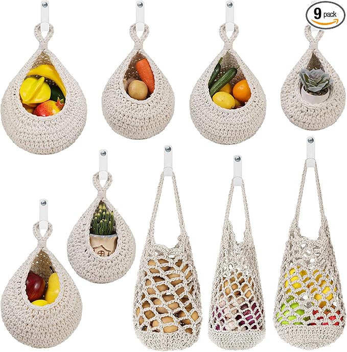 AARAINBOW Boho Wall Hanging Baskets for Kitchen Storage, Fruit Woven Wall Basket 9 Pcs, Hanging Vegetable and Onion Storage with 24 Hooks （White）