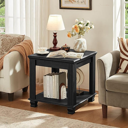 Farmhouse End Table,Large Side Table with 2-Tier Storage Shelf,Rustic Wood End Tables for Living Room,Square Tea Table,Black