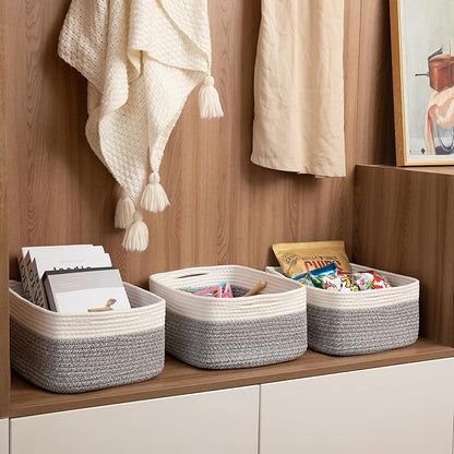 Storage Baskets for Organizing 3 Pack, Woven Baskets for Shelves, Closet Organizer Bins Empty Gift Basket Toy Storage for Toys, Books, Towels, Clothes, 15"x11.42"x6.7", Grey