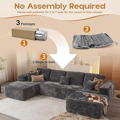 Cloud Sectional Couches for Living Room,U Shaped Modular Sofas No Assembly,133x68 Inches Plush Corduroy Oversized Floor Couch Set with Deep Seat Chaise,Grey