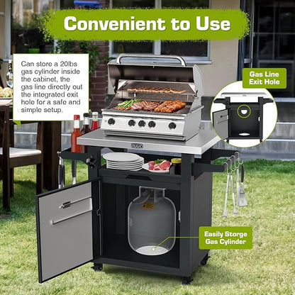 NUUK Grill Carts Outdoor with Enclosed Cabinet and Storage Drawer, Portable Patio Bar Cart with Wheels Stainless Steel Kitchen Storage Island 20" x 30" Rolling Prep Station for BBQ, Deck, Backyard