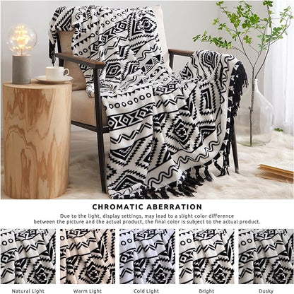 CASAAGUSTO Boho Throw Blanket - Black and White Decorative Blankets with Tassel, Printed Flannel Bohemian Blanket for Chair, Bed, Sofa, Couch(50 * 60, Black and White)